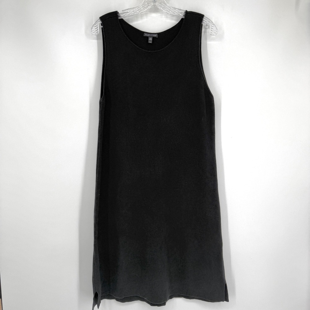 Eileen Fisher Silk Organic Cotton Thermal Tank Dress Black Waffle Sleeveless M